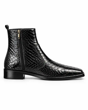 Black Scale-Embossed Side Zip Boots