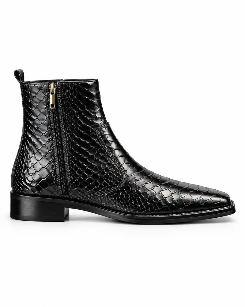 Black Scale-Embossed Side Zip Boots