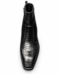 Black Scale-Embossed Side Zip Boots