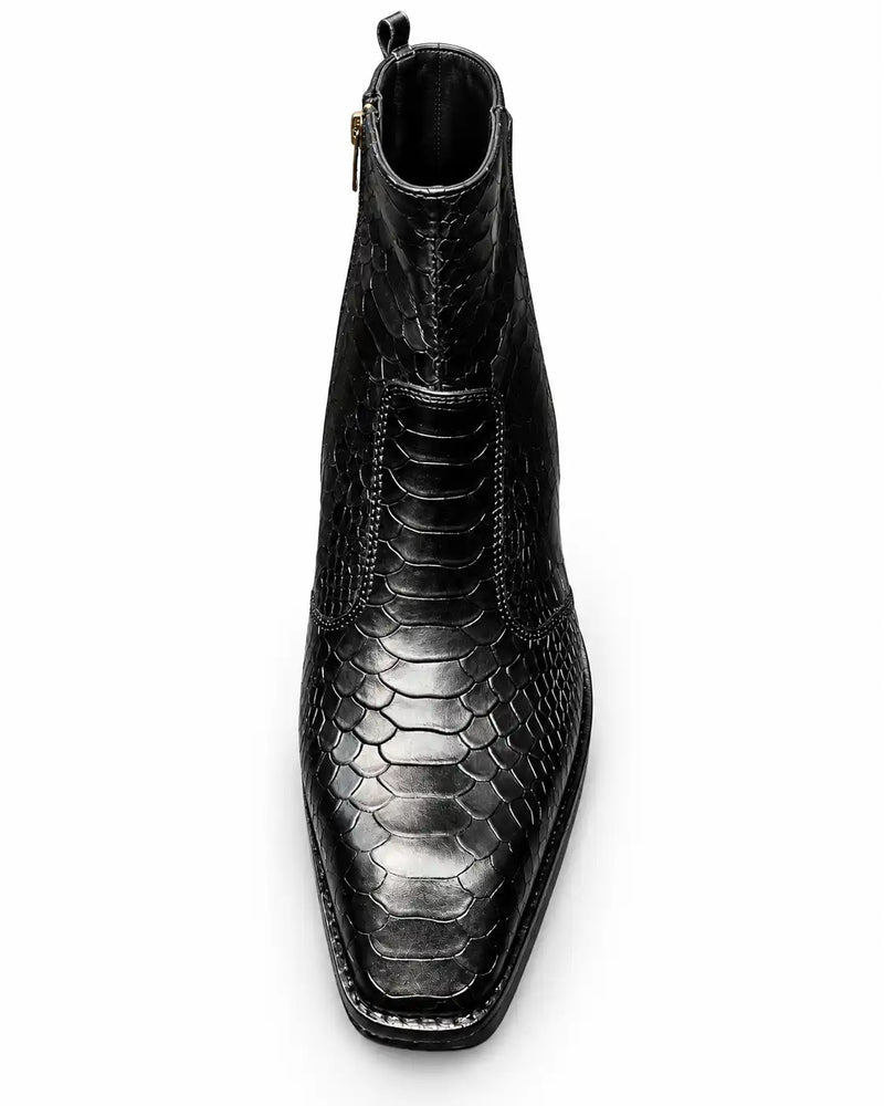 Black Scale-Embossed Side Zip Boots