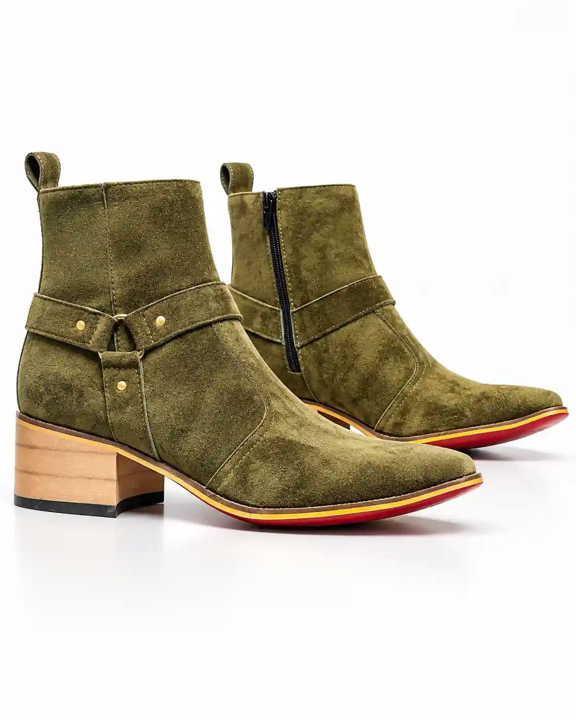 Olive Green Suede-Look Harness Boots