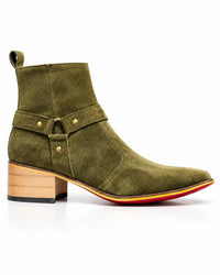 Olive Green Suede-Look Harness Boots