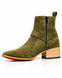 Olive Green Suede-Look Harness Boots