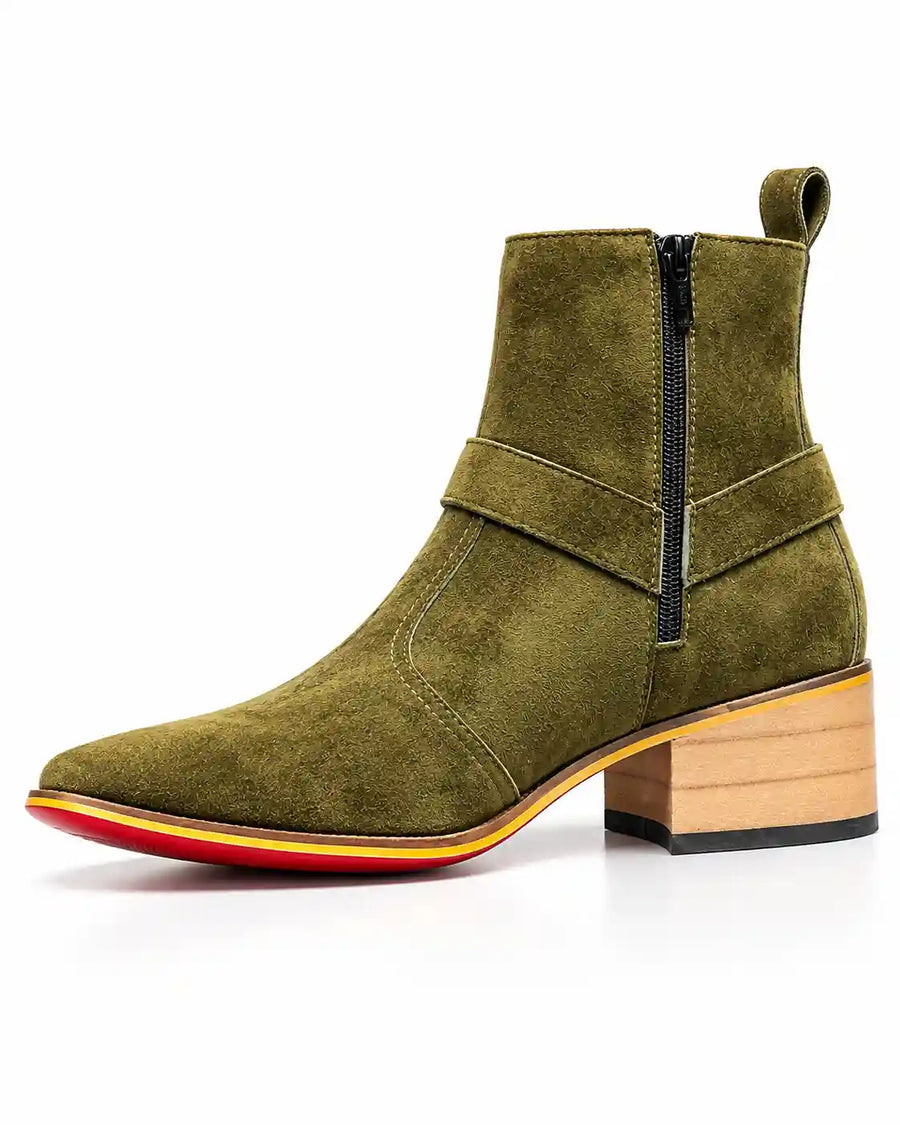 Olive Green Suede-Look Harness Boots - Desire by Bharat Ahuja