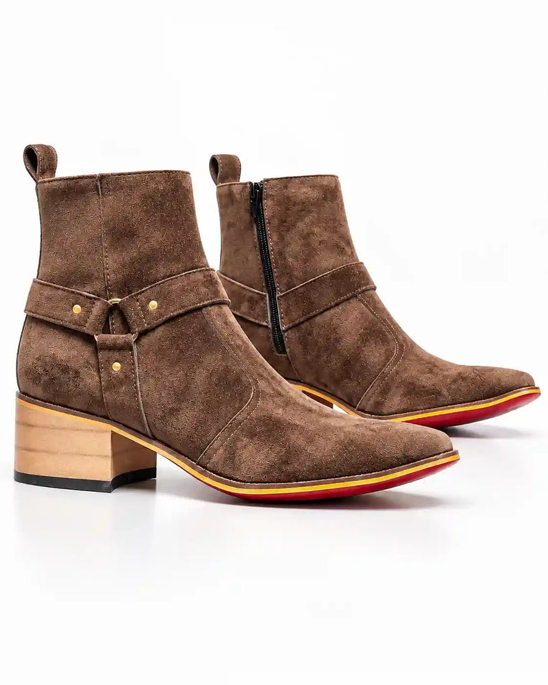 Brown Textured Harness Zip Ankle Boots