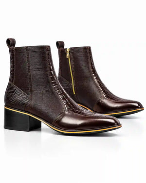 Dark Brown Mixed-Texture Zip Ankle Boots