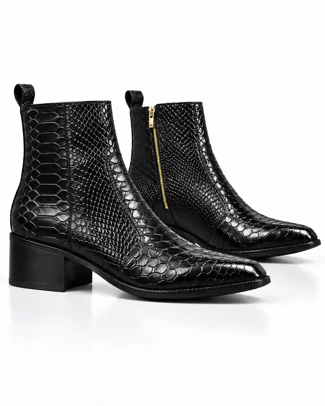 Black Snakeskin-Embossed Zip Ankle Boots