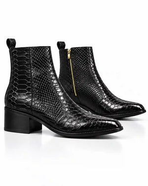 Black Snakeskin-Embossed Zip Ankle Boots