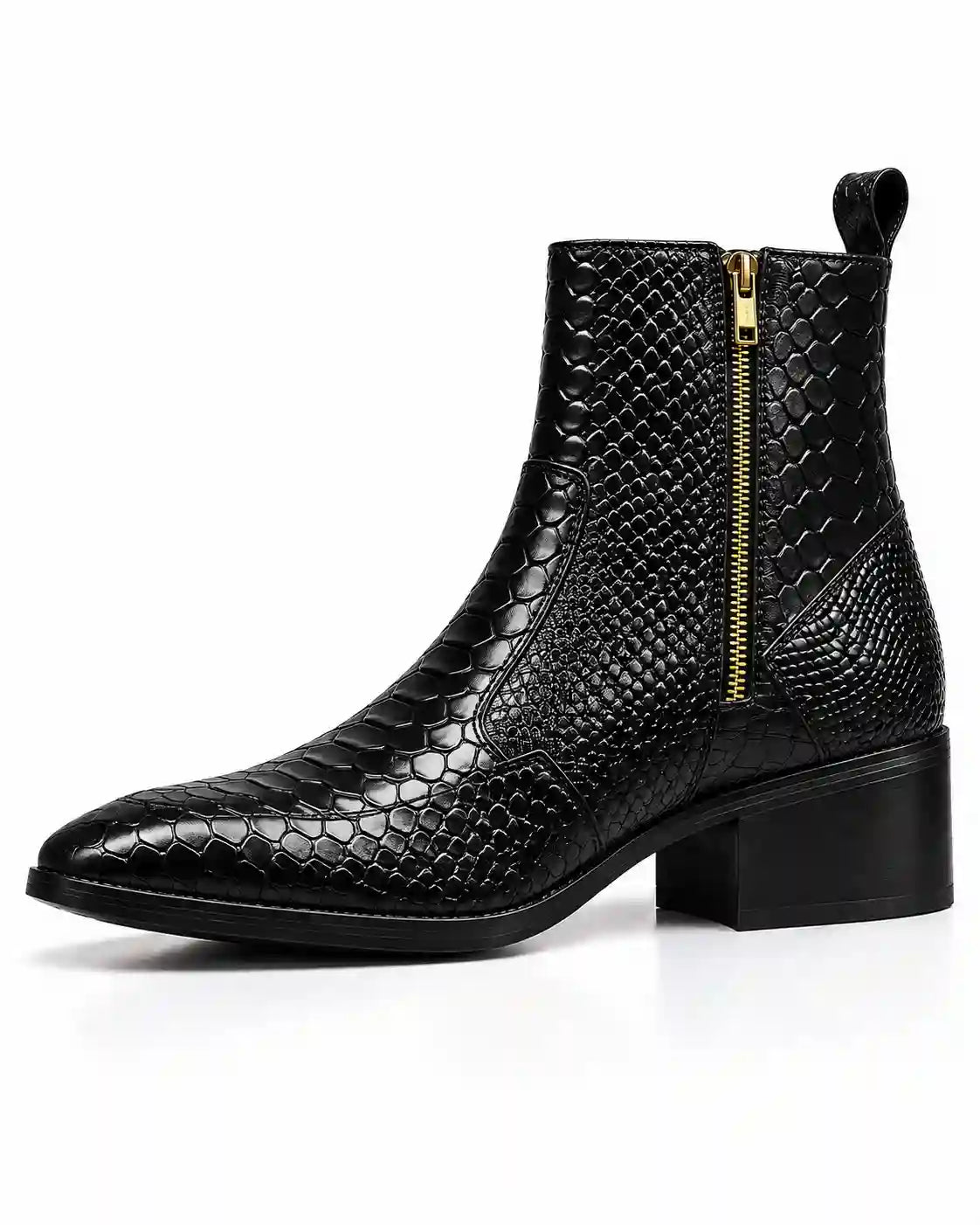 Black Snakeskin-Embossed Zip Ankle Boots