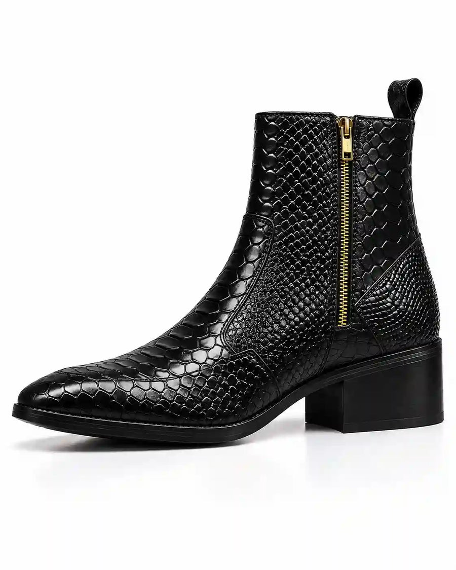 Black Snakeskin-Embossed Zip Ankle Boots - Desire by Bharat Ahuja
