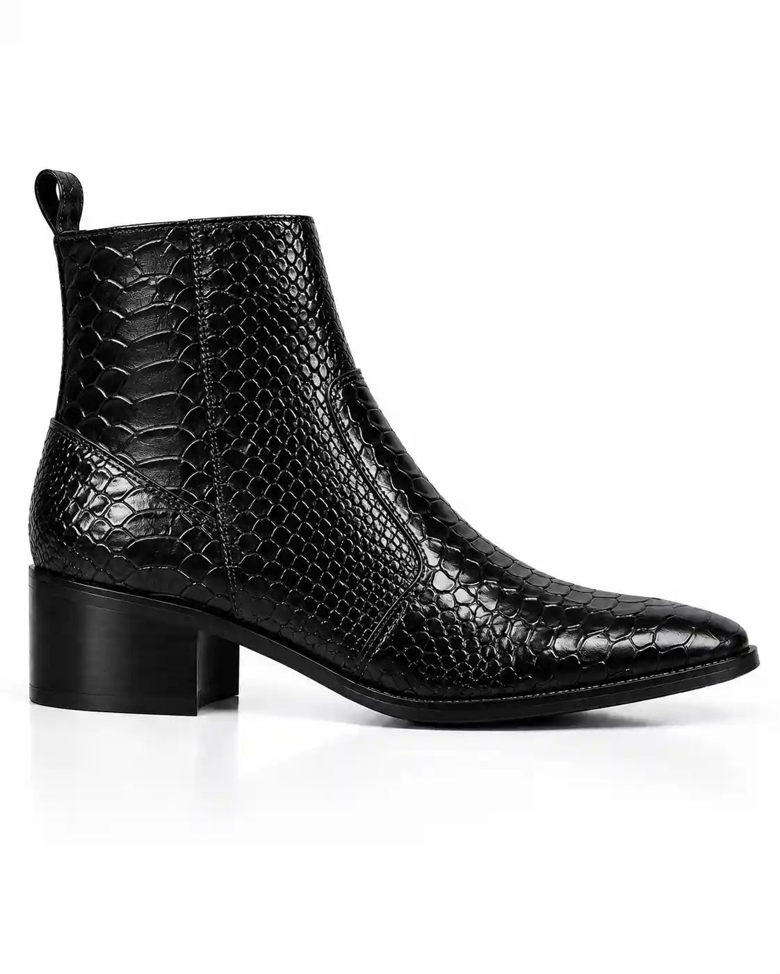 Black Snakeskin-Embossed Zip Ankle Boots