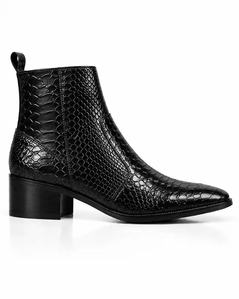 Black Snakeskin-Embossed Zip Ankle Boots