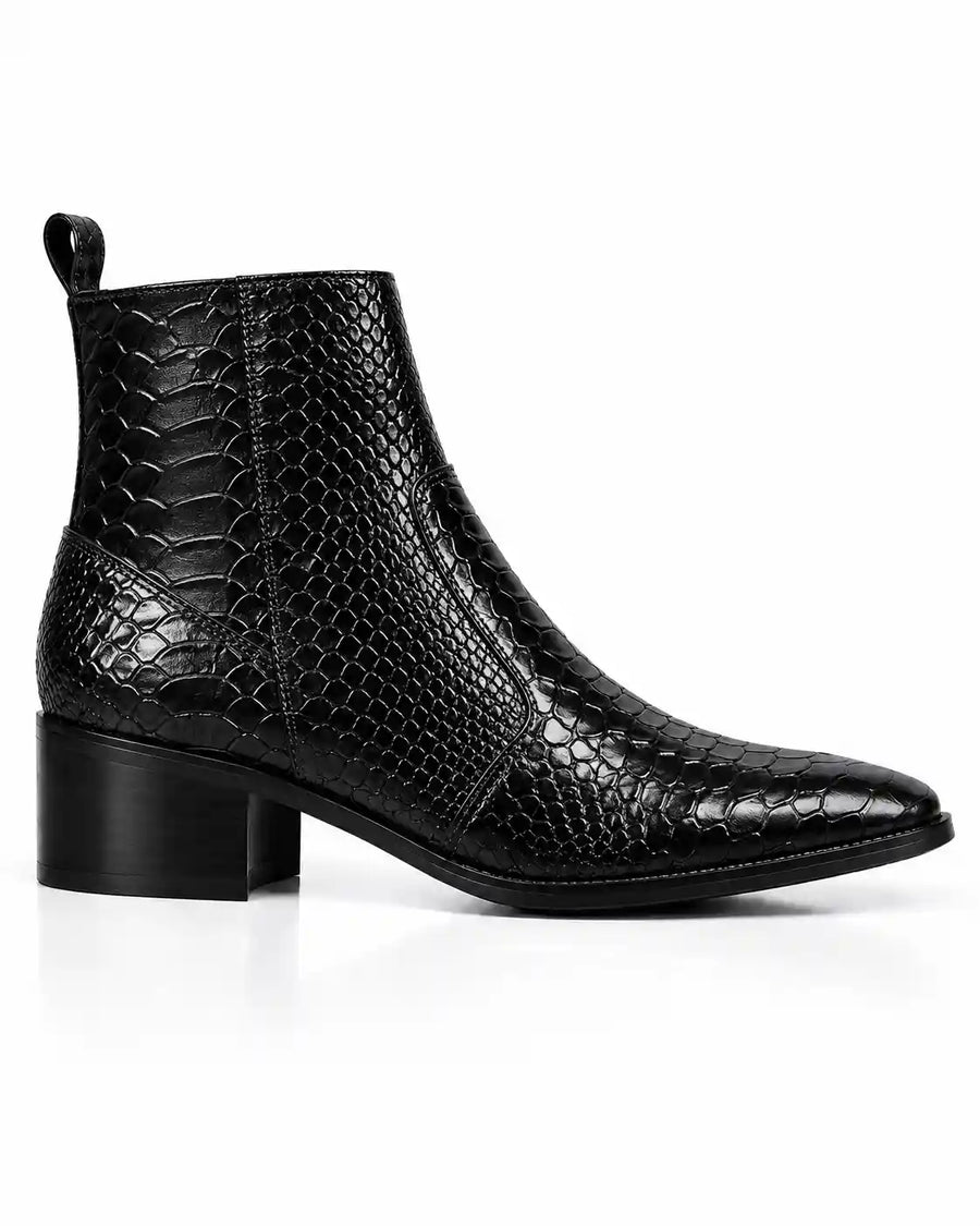 Black Snakeskin-Embossed Zip Ankle Boots - Desire by Bharat Ahuja
