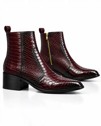 Burgundy Snakeskin-Embossed Zip Ankle Boots