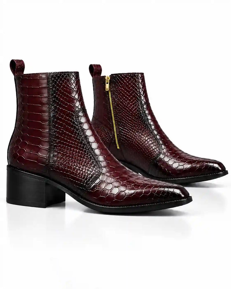 Burgundy Snakeskin-Embossed Zip Ankle Boots