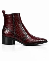Burgundy Snakeskin-Embossed Zip Ankle Boots