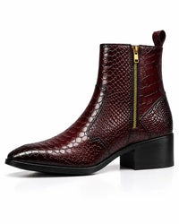 Burgundy Snakeskin-Embossed Zip Ankle Boots