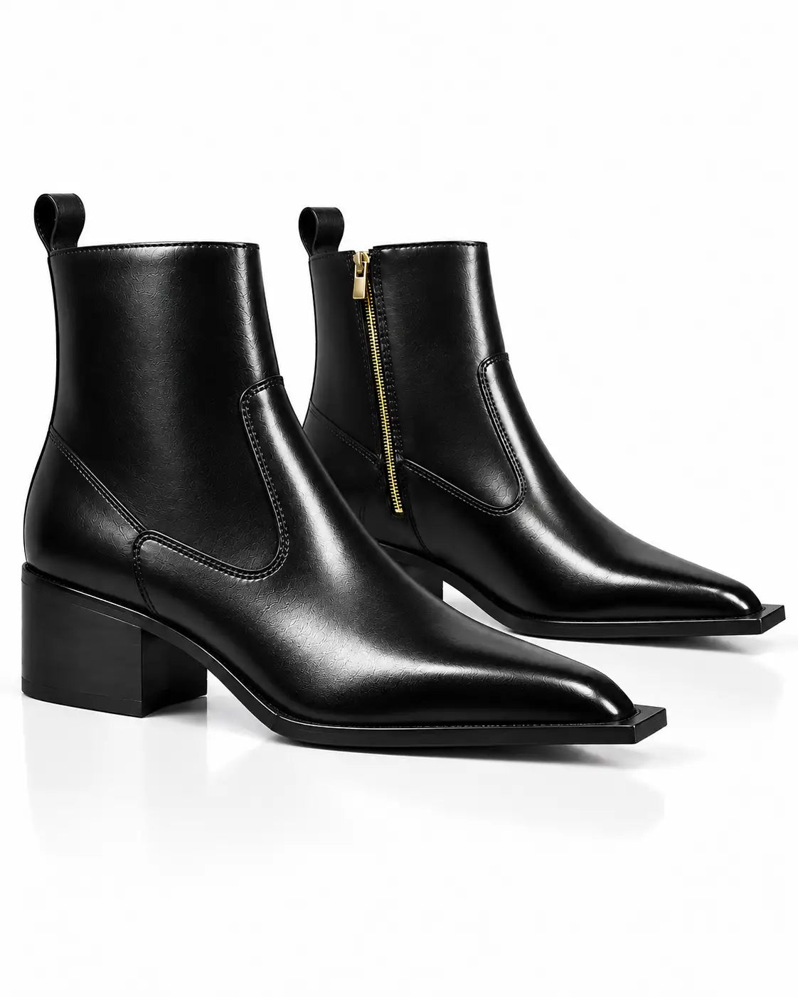 Black Square-Toe Zip Ankle Boots