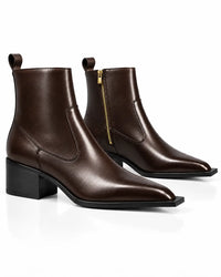 Dark Brown Square-Toe Zip Ankle Boots
