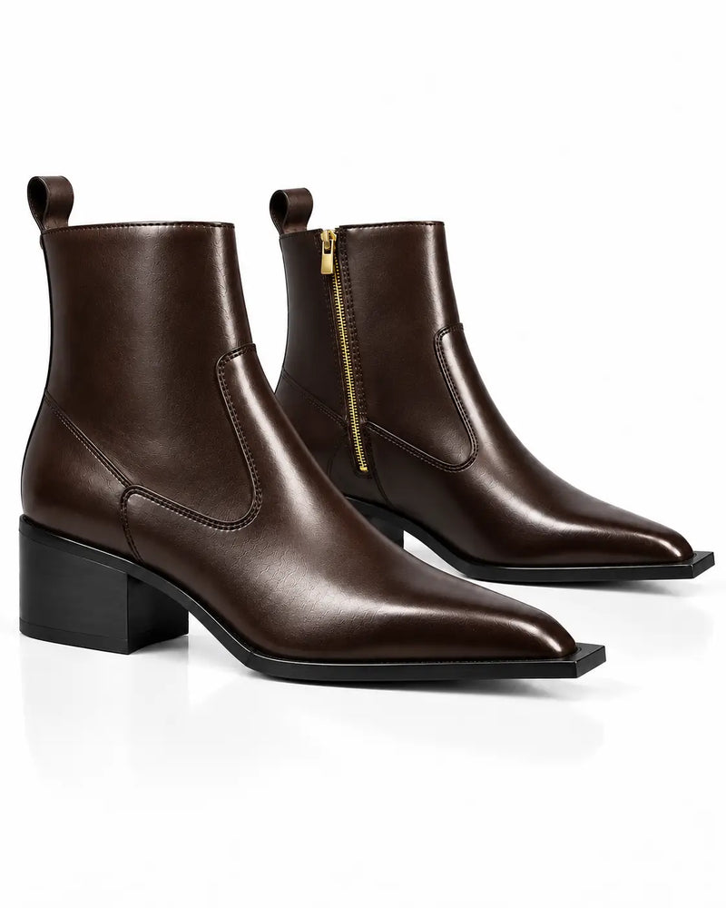 Dark Brown Square-Toe Zip Ankle Boots