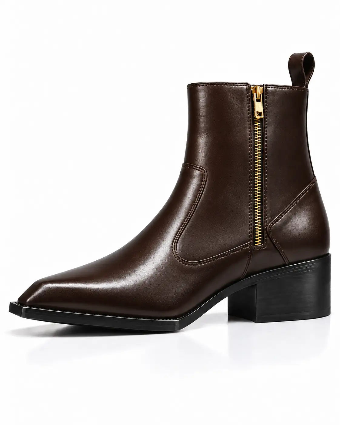 Dark Brown Square-Toe Zip Ankle Boots