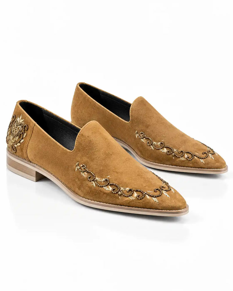 Tan Suede Embellished Pointed-Toe Loafers