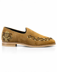 Tan Suede Embellished Pointed-Toe Loafers