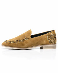 Tan Suede Embellished Pointed-Toe Loafers