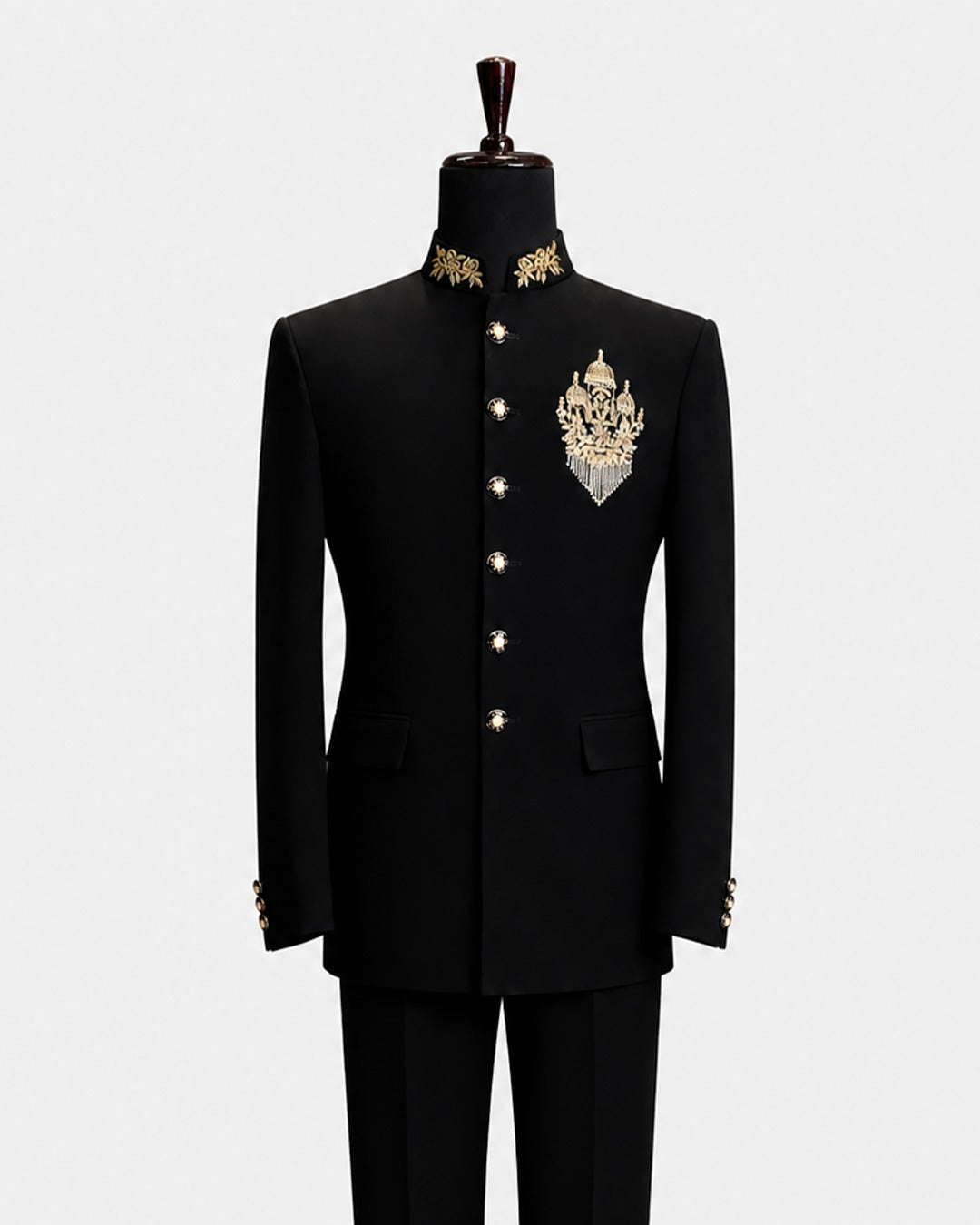 Black Royal Gold Embroidered Bandhgala Suit