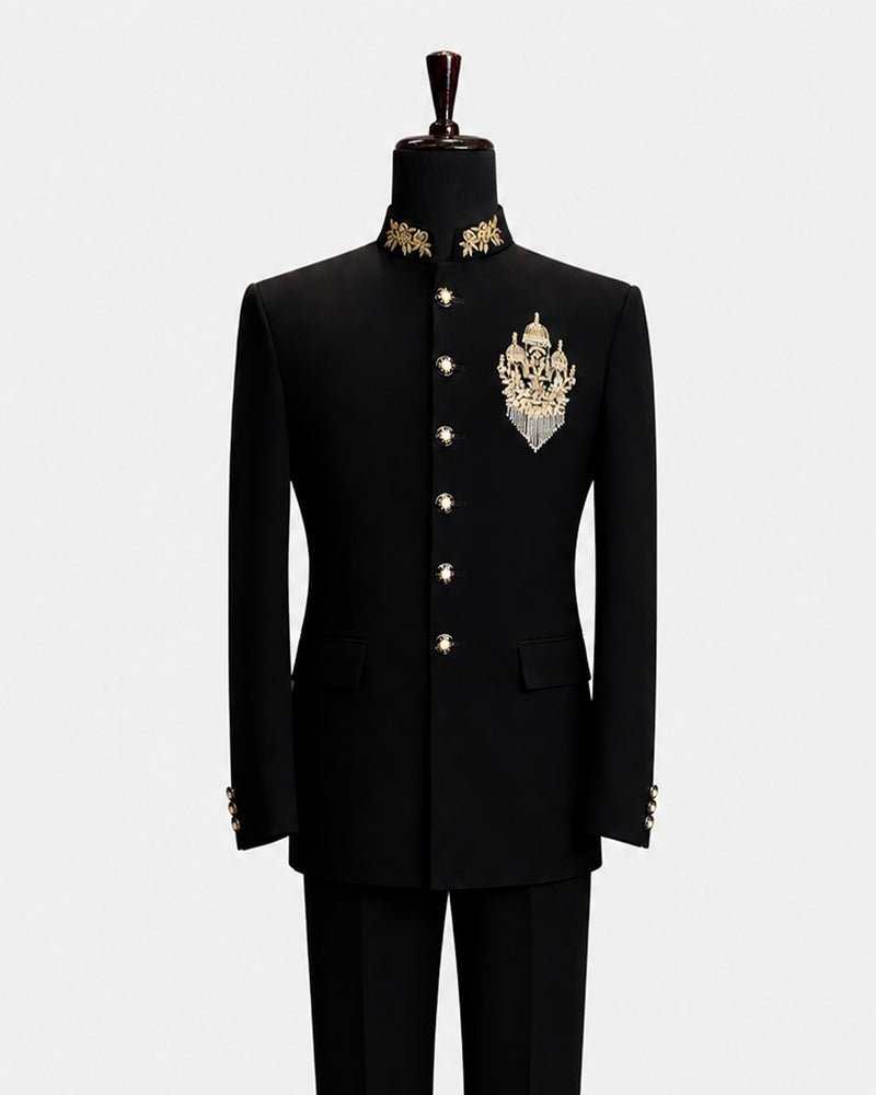 Black Royal Gold Embroidered Bandhgala Suit