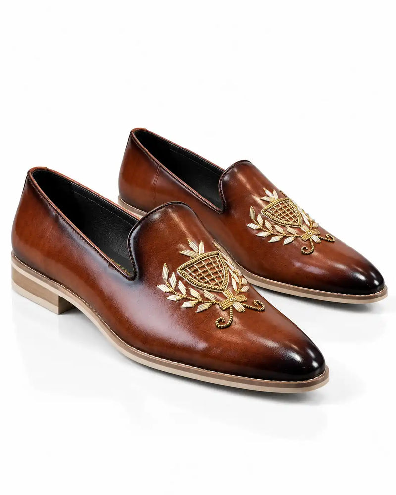 Cognac Brown Embellished Leather Loafers