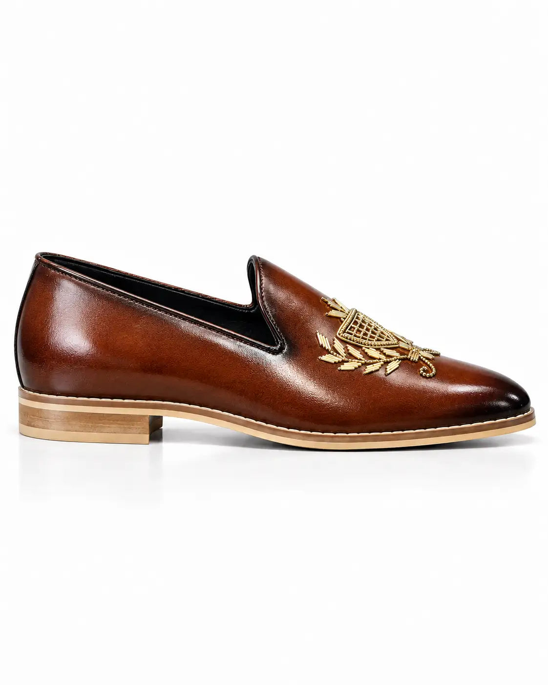 Cognac Brown Embellished Leather Loafers
