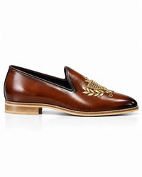 Cognac Brown Embellished Leather Loafers
