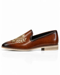 Cognac Brown Embellished Leather Loafers