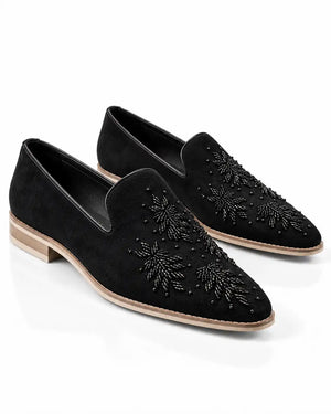 Black Beaded Embellished Suede Loafers