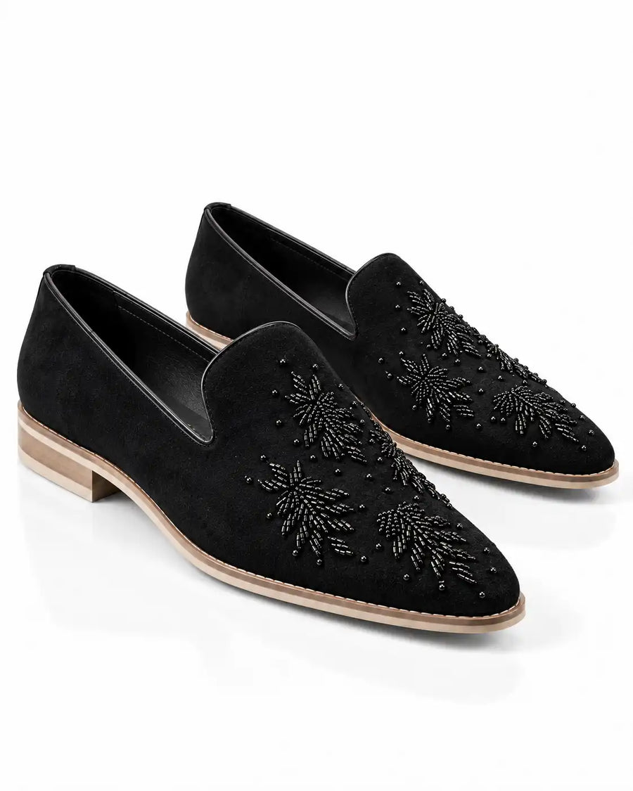 Black Beaded Embellished Suede Loafers - Desire by Bharat Ahuja