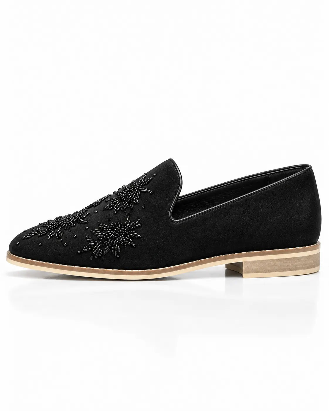 Black Beaded Embellished Suede Loafers