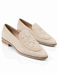 Ivory Pearl Beaded Floral Suede Loafers