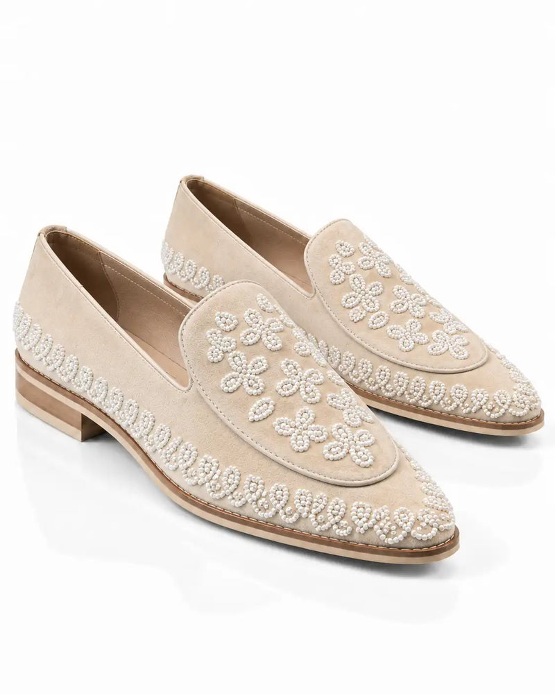 Ivory Pearl Beaded Floral Suede Loafers