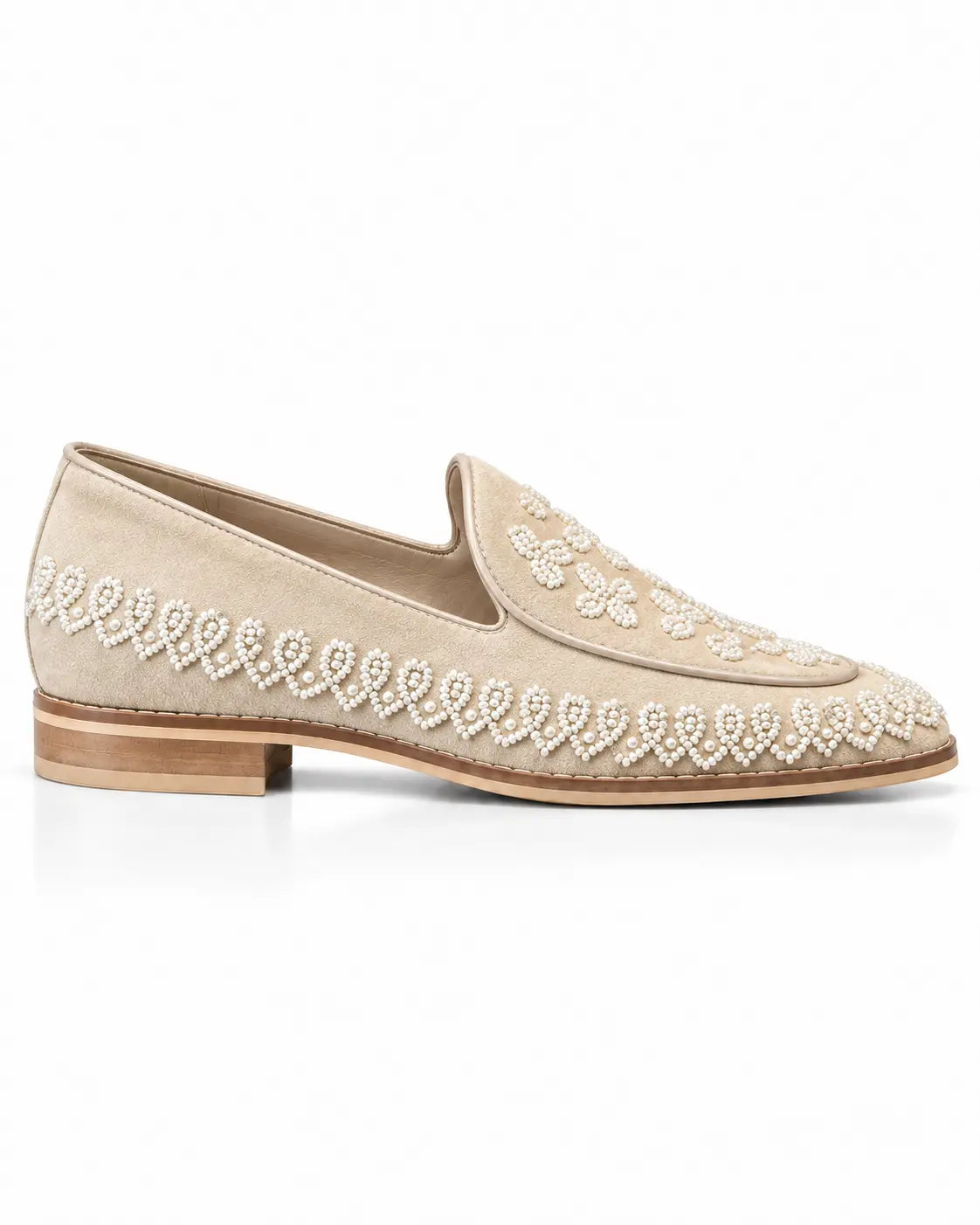Ivory Pearl Beaded Floral Suede Loafers
