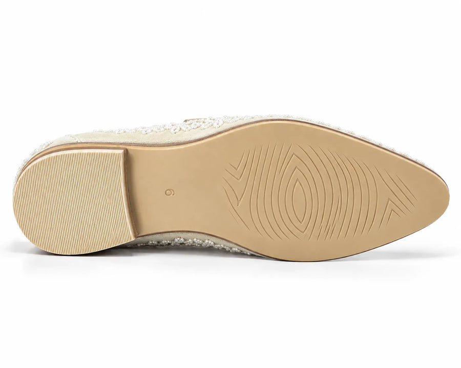 Ivory Pearl Beaded Floral Suede Loafers - Desire by Bharat Ahuja