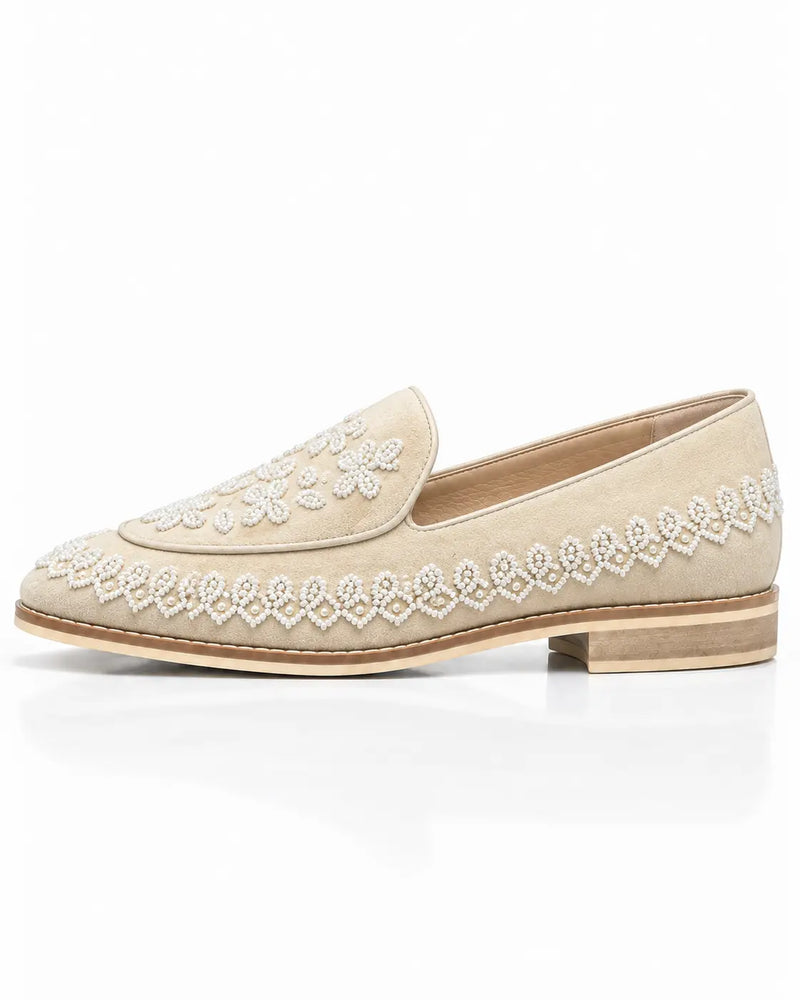 Ivory Pearl Beaded Floral Suede Loafers
