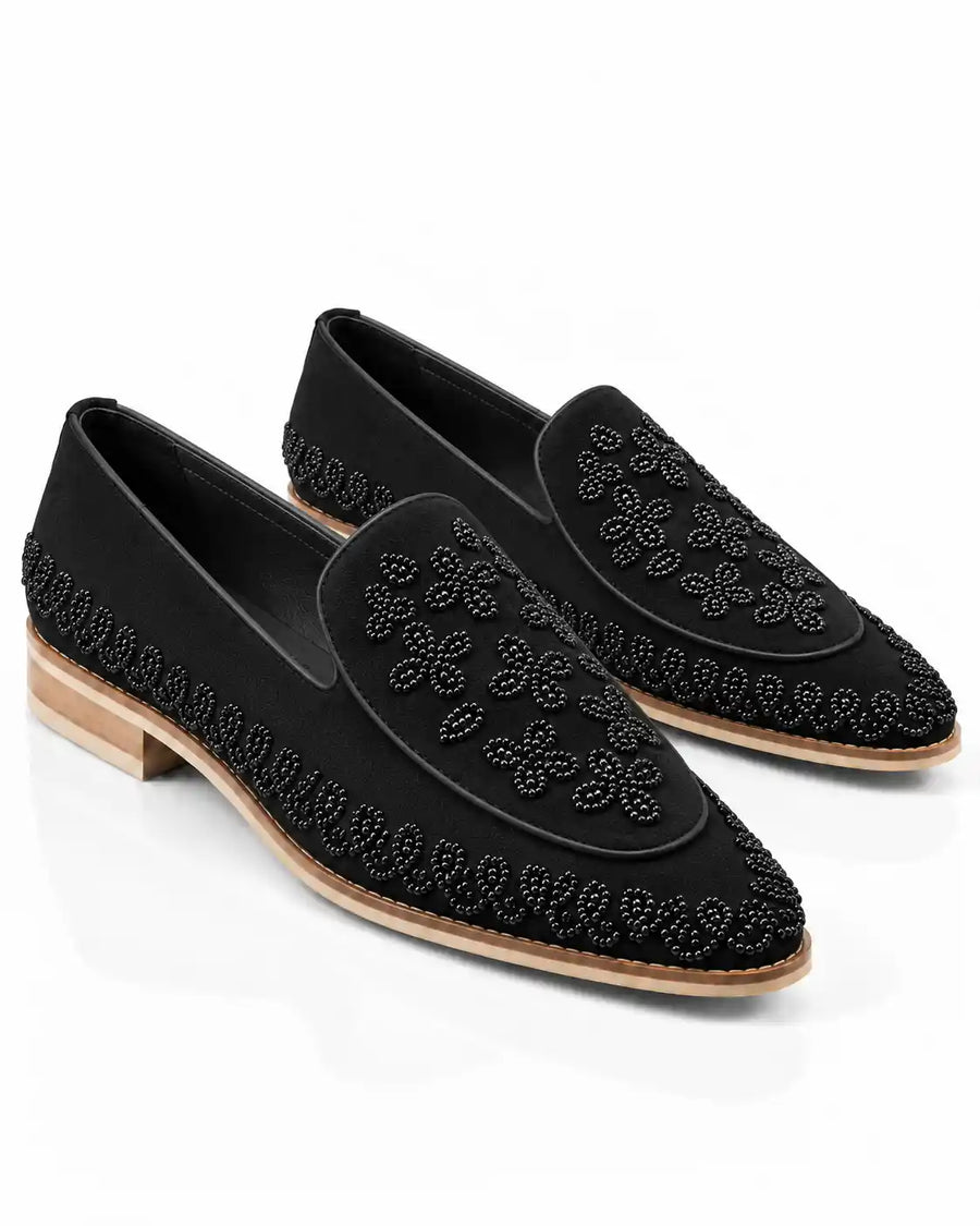 Black Beaded Floral Suede Loafers - Desire by Bharat Ahuja