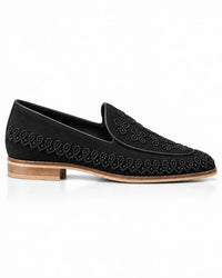 Black Beaded Floral Suede Loafers