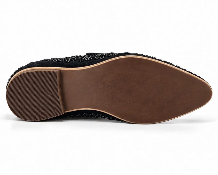Black Beaded Floral Suede Loafers - Desire by Bharat Ahuja