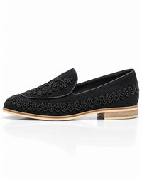 Black Beaded Floral Suede Loafers