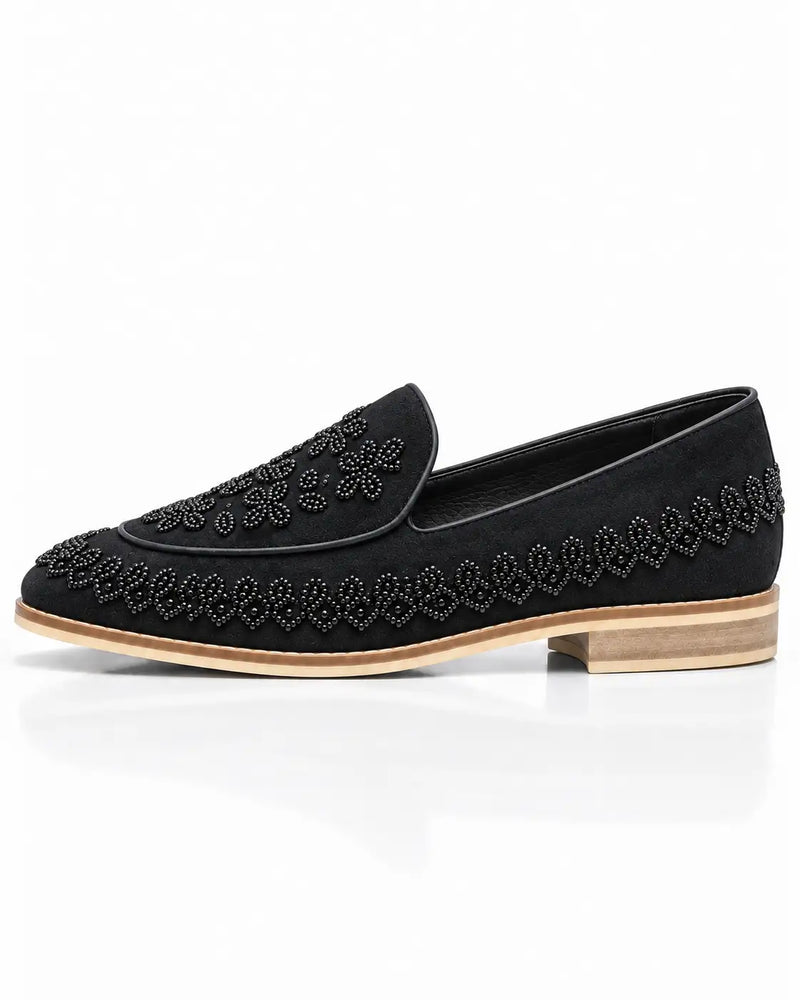 Black Beaded Floral Suede Loafers