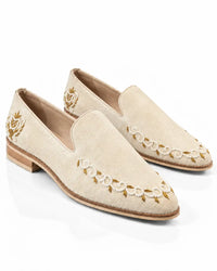 Ivory Pearl & Gold Embellished Suede Loafers