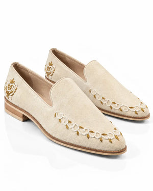 Ivory Pearl & Gold Embellished Suede Loafers