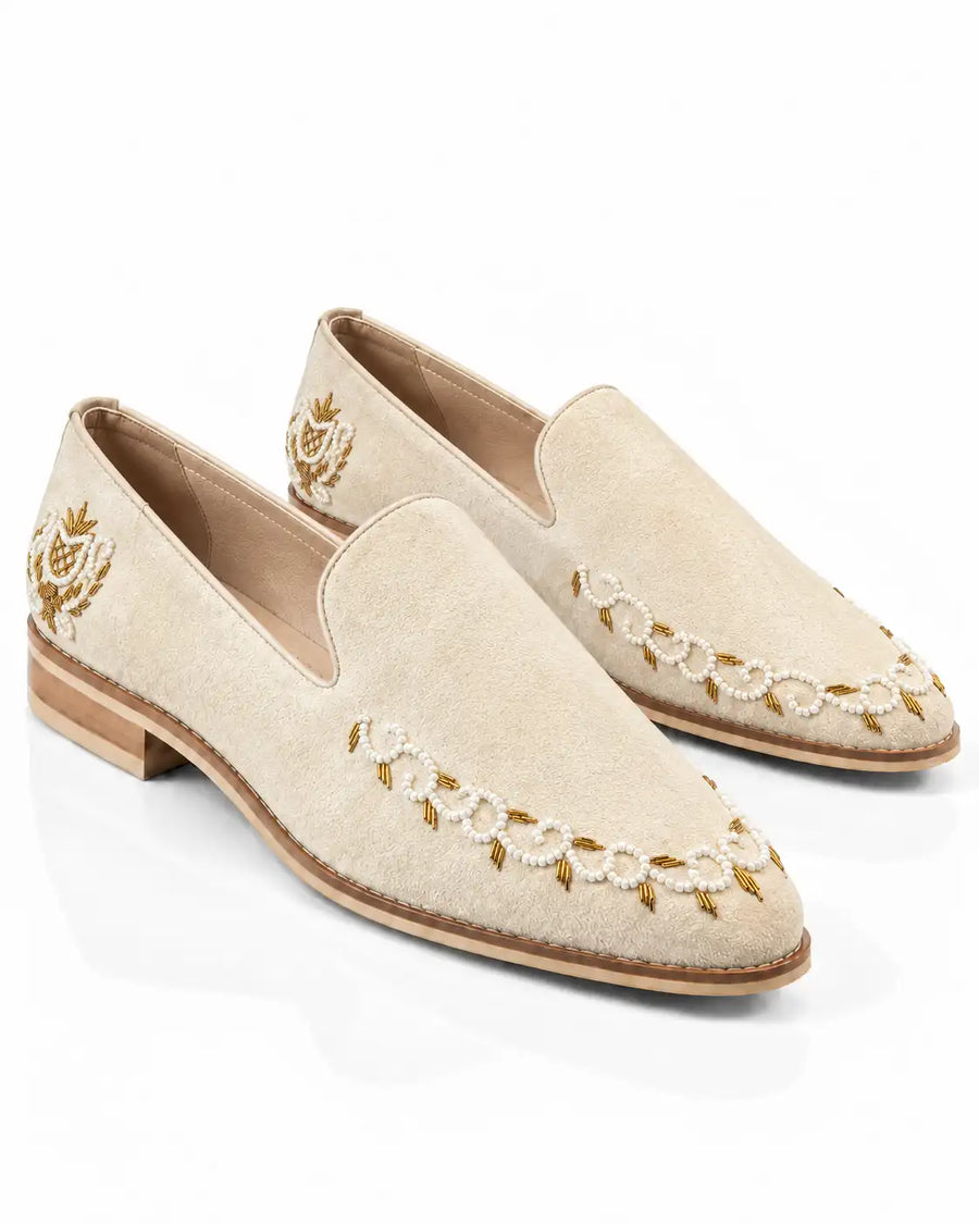 Ivory Pearl & Gold Embellished Suede Loafers - Desire by Bharat Ahuja